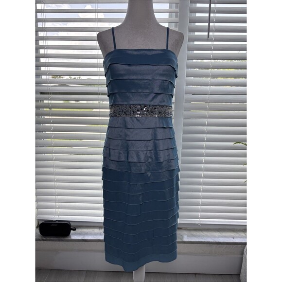 Adrianna Papell Blue Tiered Satin Dress & Jacket Set Beaded Waist Size 10 - Picture 5 of 17